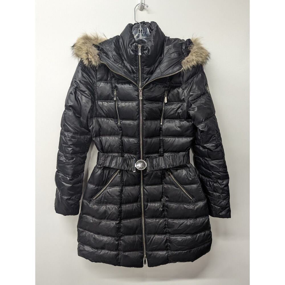 DAWN LEVY Women's Alicia Fur-trimmed Down Puffer Coat Belted Black Size Small
